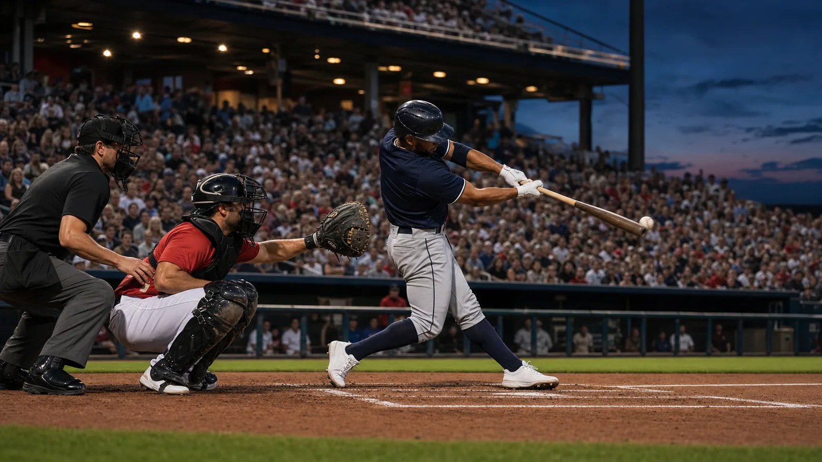 A fictional baseball player connecting with a pitch at dusk