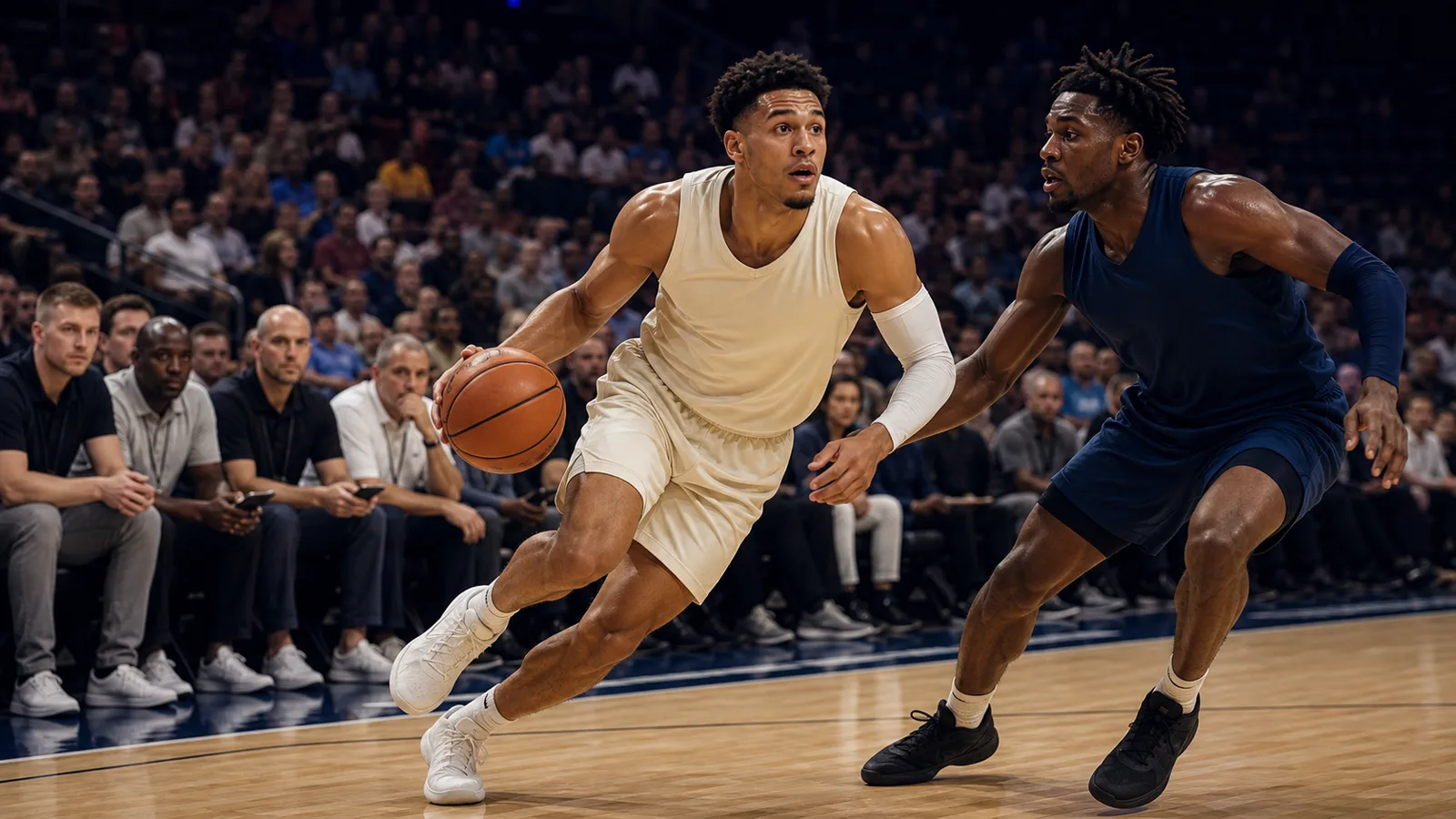 Two fictional basketball players competing in a summer showcase