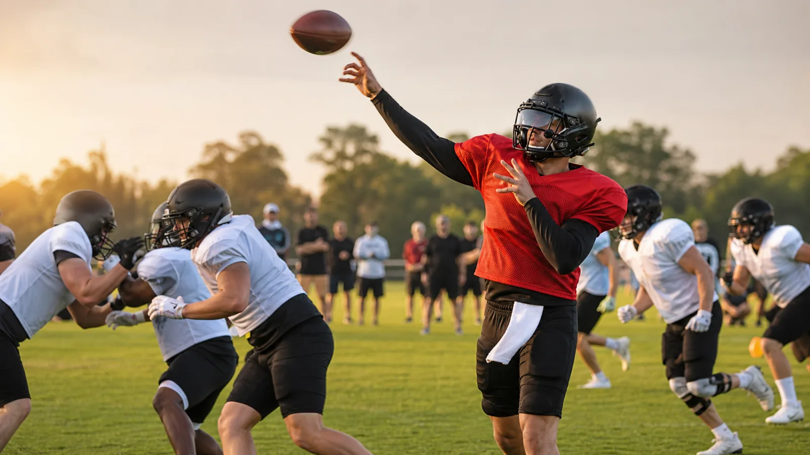 Fictional football players practicing at training camp