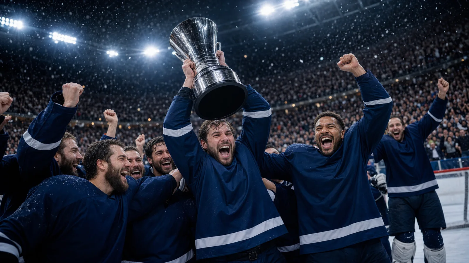 Fictional hockey players celebrating with an unbranded trophy