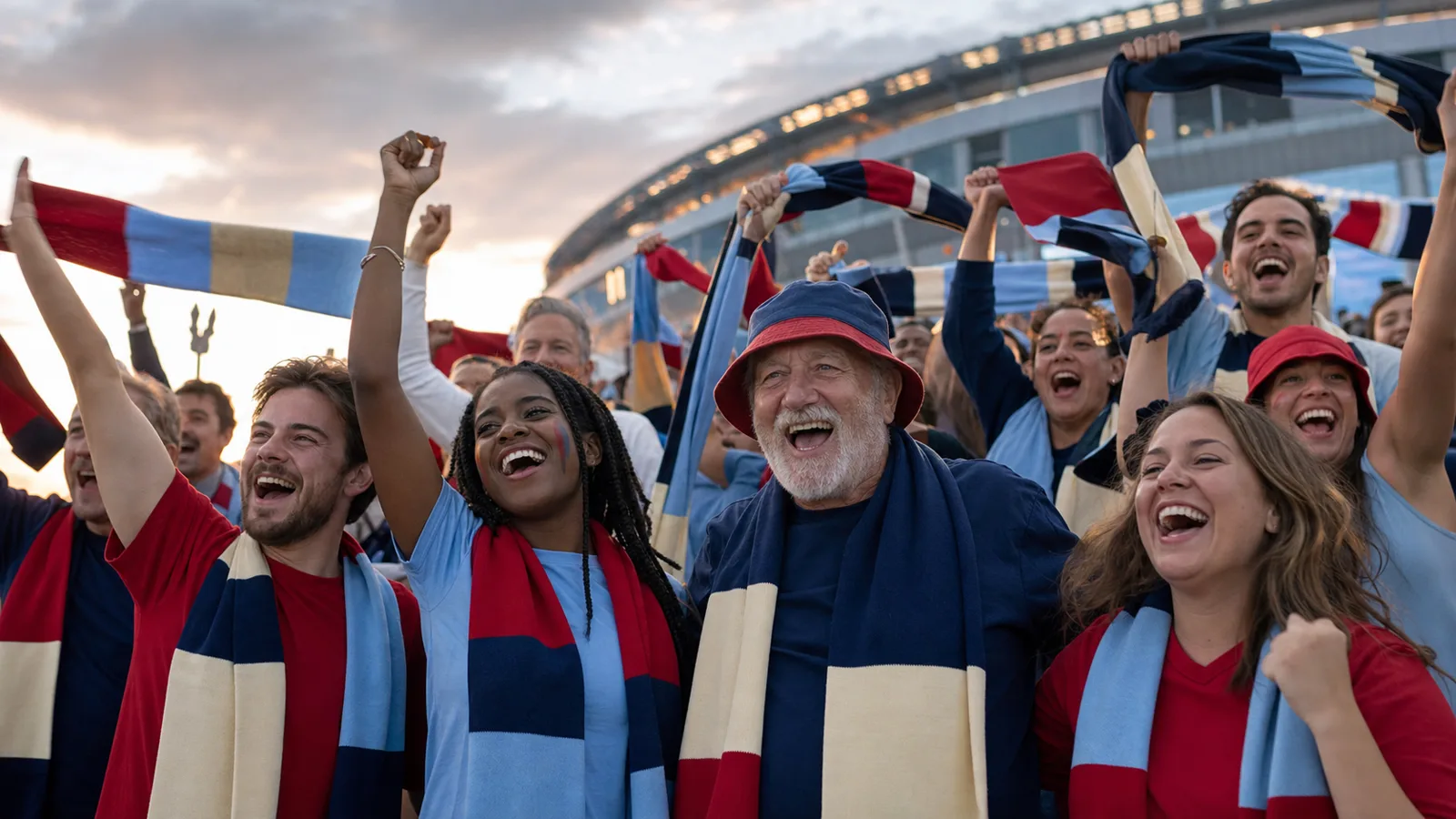 A diverse group of fictional soccer supporters outside a stadium
