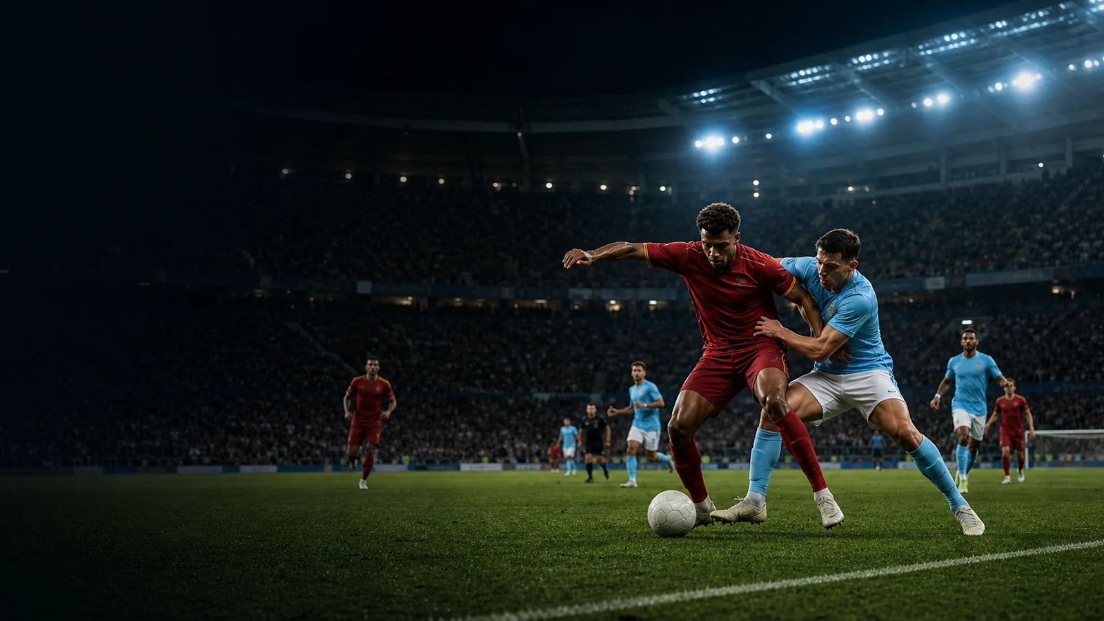 Two fictional soccer players contesting the ball in a packed night stadium